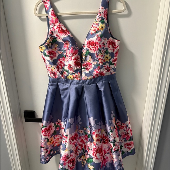 Soieblu Dresses & Skirts - Soieblu Blue Satin Floral Fit-and-Flare Mini Dress